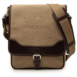 Borsa a tracolla Prada in tela Canapa beige con rifiniture in pelle e fibbia logo