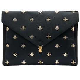 Gucci Portfolio Clutch aus schwarzem Kalbsleder Bee Star