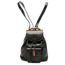 Zaino Gucci in pelle di vitello nera con coulisse e bambù