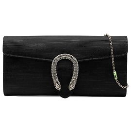 Gucci Dionysus Clutch an Kette aus schwarzem geripptem Satin mit Kristallen
