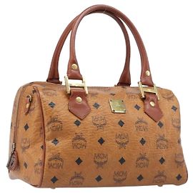 Bolso Boston MCM Logogram Vicetos PVC Cuero Marrón Dorado Auth 204073