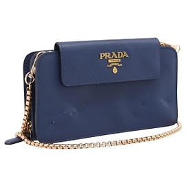 Portafoglio a spalla con catena PRADA in pelle Safiano Blu Gold Auth 204270