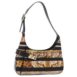 Salvatore Ferragamo Leopard Handtasche Nylon Leder Beige Gold Auth am12601V