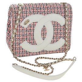Bolsa de Ombro com Corrente CHANEL Flap Pouch Tweed Vermelho CC Tom Dourado Auth 167617SM
