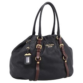 PRADA Tote Bag Vittero Dino Leather Black Gold Auth 204406