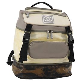 Mochila CHANEL Sports Line COCO Mark Nylon Couro Bege Silver CC Auth bs37020