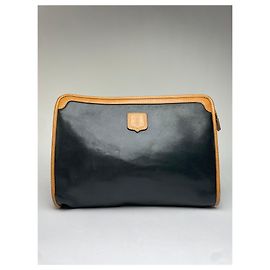 Céline Clutch Vintage Celine Blazon in pelle fine anni '80 Nero Beige