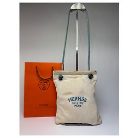 Vintage Hermes Hermès Baumwoll-Beutel mit Kordelzug Herringbone Beige Blue