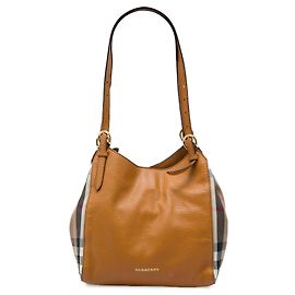 Borsa tote Canterbury Burberry Small Derby in pelle di vitello e tela House Check marrone