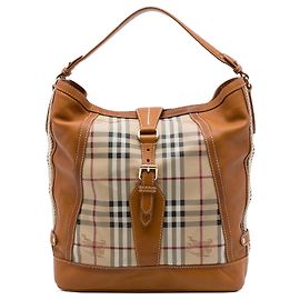 Borsa secchiello Burberry Haymarket Check in tela rivestita beige e pelle di vitello