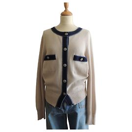Chanel Cardigan lungo in cashmere beige e blu jean Taglia 40