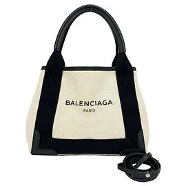Balenciaga Navy Cabas Logo Canvas Leather Bag