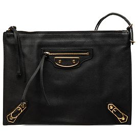 Clutch da polso Balenciaga Papier in pelle di capra nera con bordo metallico
