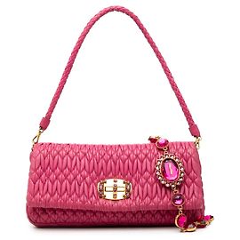 Bolsa Satchel Miu Miu em Nappa Matelassé Rosa com Corrente de Cristal
