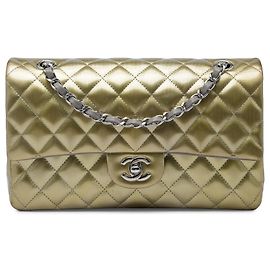 Chanel Gold Medium Classic Striated Patent Double Flap