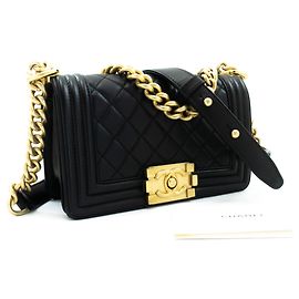 Sac à épaule CHANEL Boy Chain Noir Matelassé Rabat Agneau Or