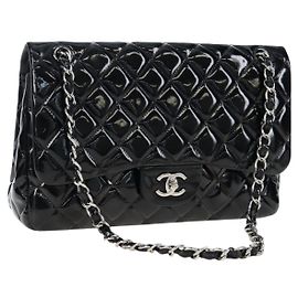 Bolso de cadena CHANEL Big Matelasse 30 en cuero charol Negro Plata CC Auth 200779M