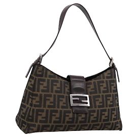 Bolsa de Ombro FENDI Zucca Canvas Mamma Baguette Preta Prata Auth BA15572A