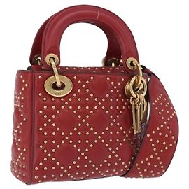 Borsa Christian Dior Lady Dior Canage in pelle d'agnello 2way Rosso Oro Auth ka6240V