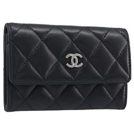 CHANEL Matelasse Card Case Lamb Skin Black Silver CC Auth 204109V