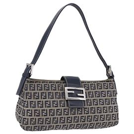 Borsa a tracolla FENDI Zucchino Canvas Mamma Baguette Navy Silver Auth 198254V