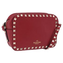 Bolso de hombro VALENTINO Rock Studs de cuero rojo y dorado Auth 205816