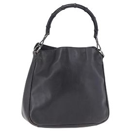 GUCCI Bamboo Hand Bag Leather Black Silver 001 1638 Auth ka6269