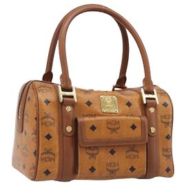 MCM Logogram Vicetos Boston Bag PVC Leder Braun Gold Auth 204458A