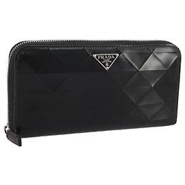 Portefeuille long PRADA en cuir noir argent Auth 205863A