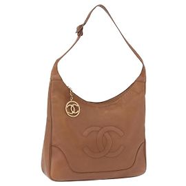 Bolsa de Ombro CHANEL Couro Caviar Marrom Ouro CC Auth 203890