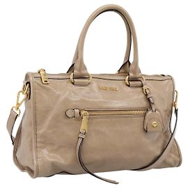 Borsa a Mano Miu Miu Vitellolux 2way Beige Gold Auth 204430V