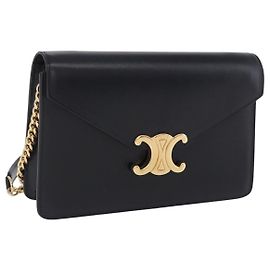 Céline CELINE Triomphe Schultertasche mit Kette aus Leder in Schwarz und Goldton Auth ka6199SAM