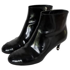 Chanel Black Patent Leather Cap Toe Ankle Boots