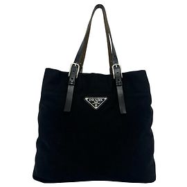 Prada Triangle Logo Hardware Canvas Leather Genuine Tote Bag