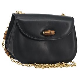 GUCCI Bamboo Chain Shoulder Bag Leather Black Gold 001 115 1497
