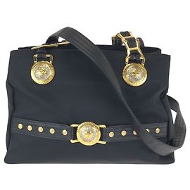 Versace Vintage Sunburst Black Nylon Leather Shoulder Bag