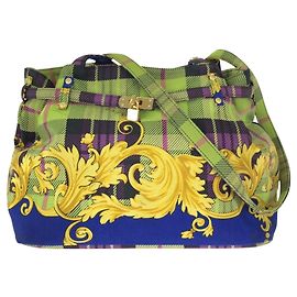 Versace Vintage Tartan Baroque Canvas Tote Bag