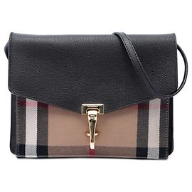 Borsa a tracolla Burberry Derby Macken in pelle nera e tela House Check, taglia Small