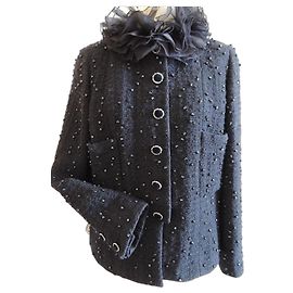 Chanel Giacca Tweed Nero Strass Perle Taglia 44