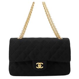 Bolsa de Ombro com Corrente Chanel Matelassé em Jersey de Algodão Preto