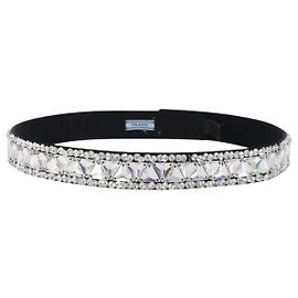PRADA Bijoux Belt Satin 75/30 Black Silver Auth ki6885V