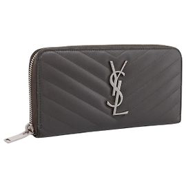 Autre Marque Cartera larga SAINT LAURENT Cassandra de piel gris plata Auth bs37418