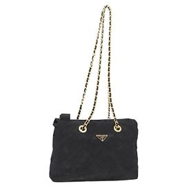 Bolsa de Ombro com Corrente PRADA Nylon Black Gold Auth ar14310A