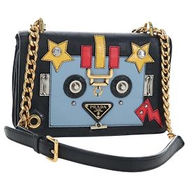 PRADA Schultertasche mit Kette aus Leder Schwarz Gold Auth 202514M