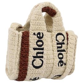 Chloé Borsa Tote Chloe Woody Crochet Nano Tote Bag Cotton Beige Brown Auth bs37252A