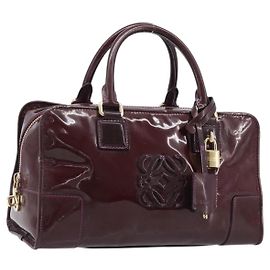 LOEWE Amazona 28 Handtasche Lackleder Bordeaux Goldfarben Auth bs37131
