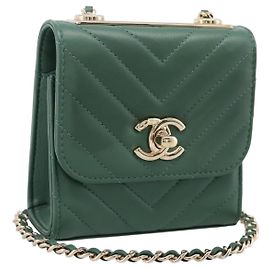 Borsa a tracolla con catena CHANEL V Stitch in pelle d'agnello verde e oro CC Auth 206308SAM