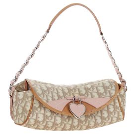 Christian Dior Trotter Canvas Romantic Chain Bag PVC Beige Silber Auth 202506SAM