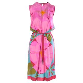 Autre Marque Ken Scott Vintage Pink Floral Silk Midi Dress with Tassel Belt