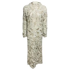 Vestido midi em malha de mohair crochetada com folhas de lantejoulas Brunello Cucinelli Grey / Beige
